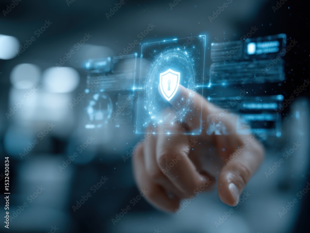 Touching a digital shield symbolizing cybersecurity in a modern office Touching a digital shield symbolizing cybersecurity in a modern office