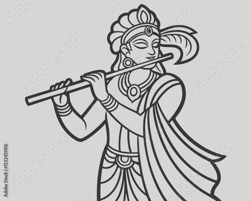 Elegant line art depiction of lord krishna playing the flute with grace.