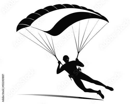 Silhouette of a skydiver enjoying freefall with parachute against white background.