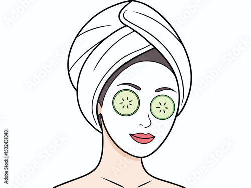 A relaxed woman wearing a face mask and cucumber slices on eyes after spa treatment.