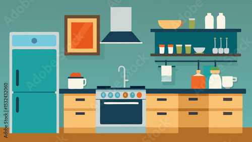 Cozy kitchen interior with blue and beige cabinets, open shelves, cooking utensils, and various dishes and containers in flat modern style