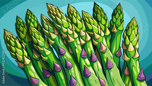 Cartoon illustration of fresh green asparagus spears with colorful tips on a blue abstract background