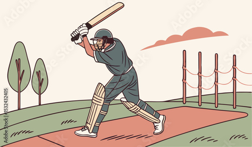 Young sportsman strikes the ball while batting in the cricket field     