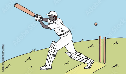 Young sportsman strikes the ball while batting in the cricket field     
