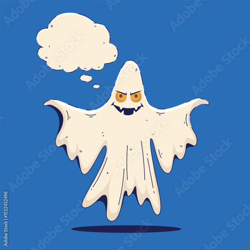 Halloween Cute Ghost with Chat Bubble in Hand Drawn Style. Spooky cartoon character. Ghost icon. Playful night spirit with decorations. perfect for cards, patterns, print, web