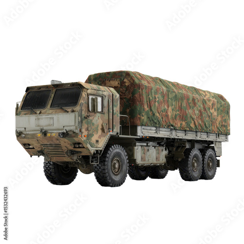 Multiple Launch Rocket System truck with a cargo box covered in camouflage, on a transparent background