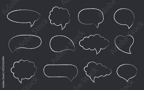 Speech bubbles set. Crayon, chalk, pencil doodle talk speech bubble frame. Comic speech bubbles for dialog, talk, and chat.