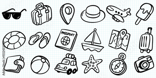 Hand Drawn Travel and Vacation Doodle Icon Set.