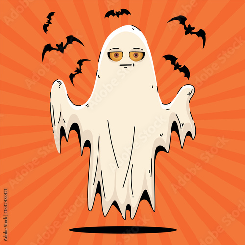 Halloween Cute Ghost in Hand Drawn Style with Bats and Rays. Spooky cartoon character. Ghost icon. Playful night spirit with decorations. perfect for cards, patterns, print, web