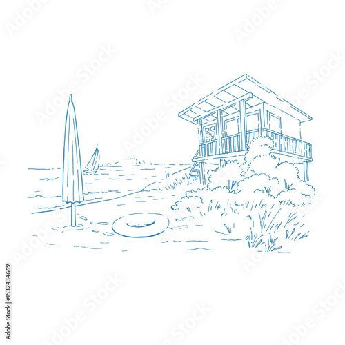 Summer resort house on the beach. Beach umbrella and yellow inflatable lifebuoy on the sand in blue lines