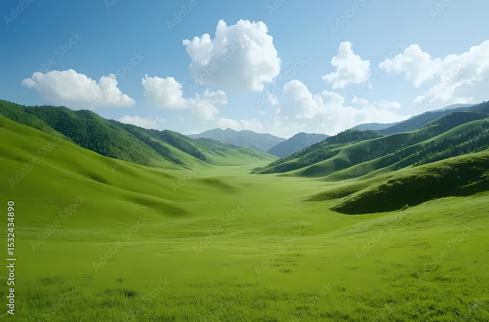 Fototapeta premium Vast Green Valley Under a Clear Sky