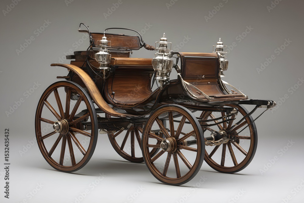 Fototapeta premium Elegant carriage featuring wooden wheels and polished metal accents against a neutral backdrop.