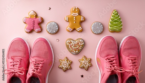 sports shoes pink sneakers and cute gingerbread on background summer time concept top view flat lay