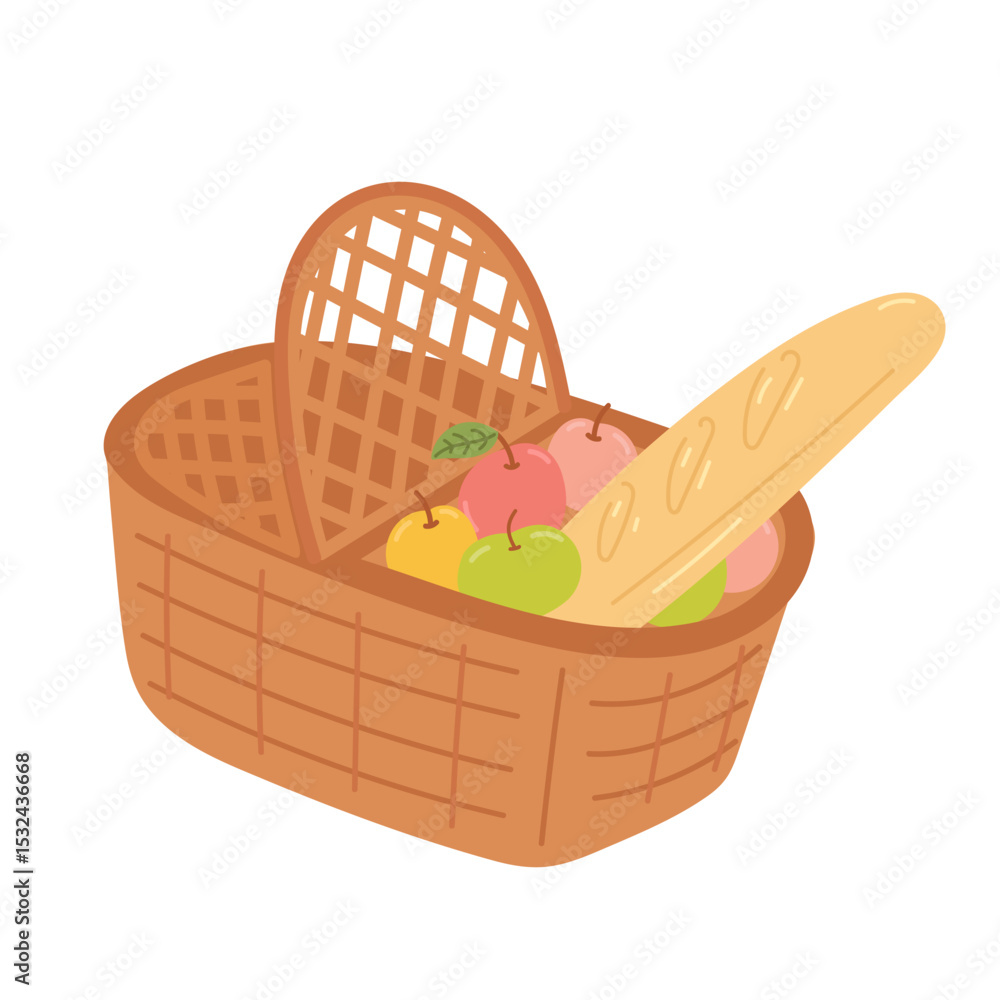 Obraz premium Summer picnic basket in flat cartoon design. Simple brown wicker bag with apples and fresh baguette for outdoor lunch, classic container for carrying camping food. Vector illustration isolated.