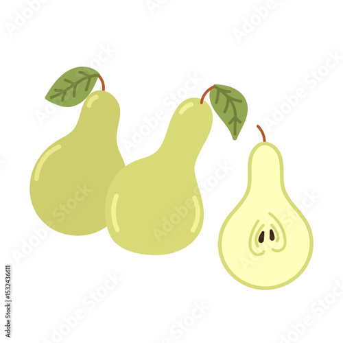 Green pears in flat cartoon design. Natural vitamin fruits whole and slice. Fresh ripe foods for summer picnic. Healthy delicious ingredient for vegetarian diet. Vector illustration isolated.