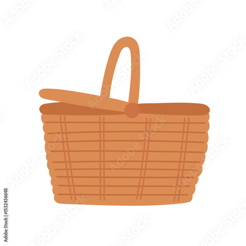 Summer picnic basket in flat cartoon design. Simple brown wicker bag with closed lid for outdoor lunch and storage products,  classic container for carrying camping food. Vector illustration isolated.
