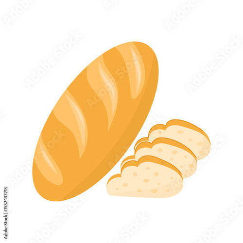 Fresh loaf of bread with slices, isolated on a white background. Golden, crusty loaf and soft bread slices, perfect for bakery, food design projects. Vector illustration.