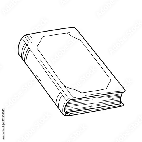 Angled book with decorated cover, outlined in black and white art design