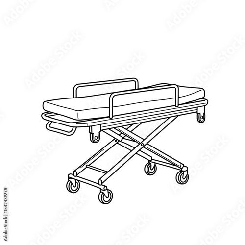 Lined illustration of medical stretcher with mattress,rails,and collapsible stand