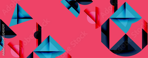 Abstract geometric shapes overlap, creating dynamic composition. Pink background contrasts with blue, dark elements. Modern design.