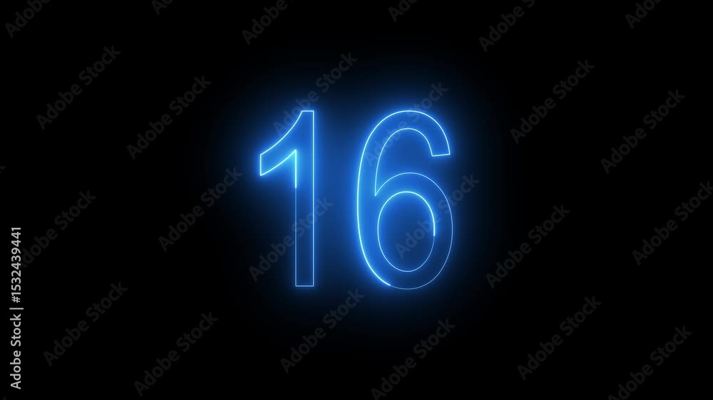 Abstract Glowing Neon Text 16 Number Countdown Icon. Glowing Blue Neon Countdown Timer Number Video 4K Animation. Abstract Glowing Neon Text 16 Number Countdown Icon. Glowing Blue Neon Countdown Timer Number Video 4K Animation.