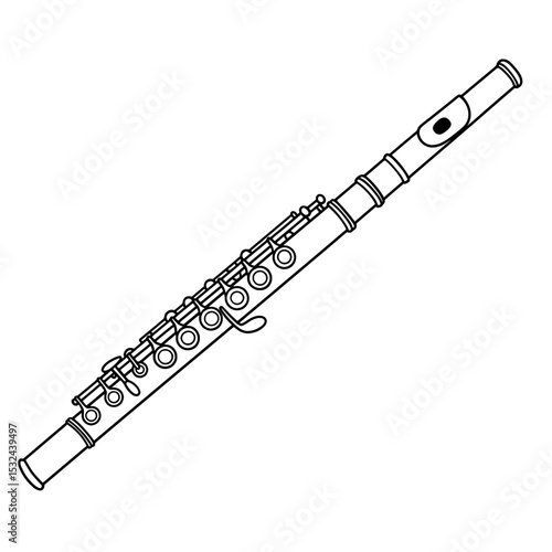 A line art drawing of a flute with keys and a mouthpiece on a white background