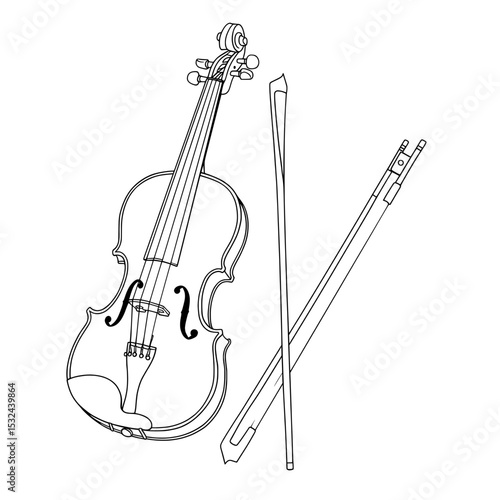 Violin And Bow A detailed line drawing of a stringed instrument and its associated bow