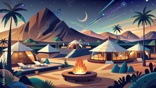 Desert resort hotel with luxurious tents, fire pits, and starry skies, offering a unique glamping experience