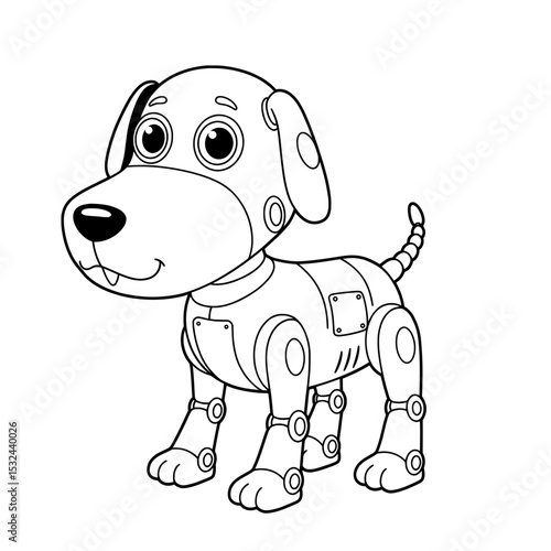 Outlined drawing of a cartoon robot dog with a coil tail and rounded mechanical features