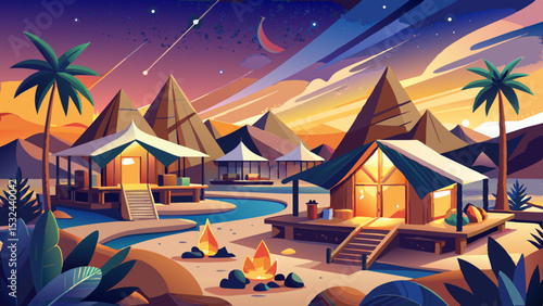 Desert resort hotel with luxurious tents, fire pits, and starry skies, offering a unique glamping experience