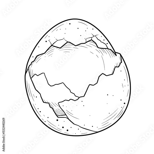 Monochrome illustration of a cracked eggshell with visible cracks and texture marks