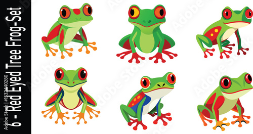 Six adorable red eyed tree frogs cartoon illustrations set