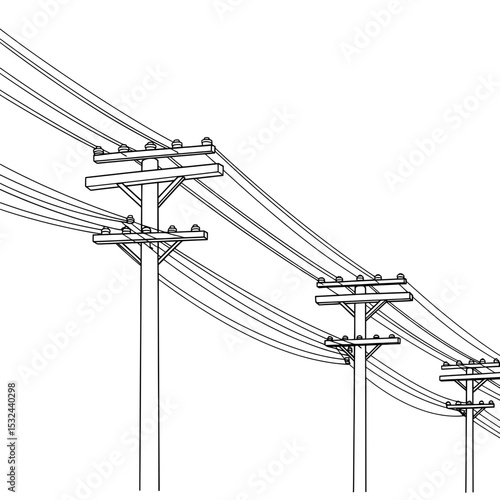 Line art of multiple power poles connected by high-voltage power lines against a white sky