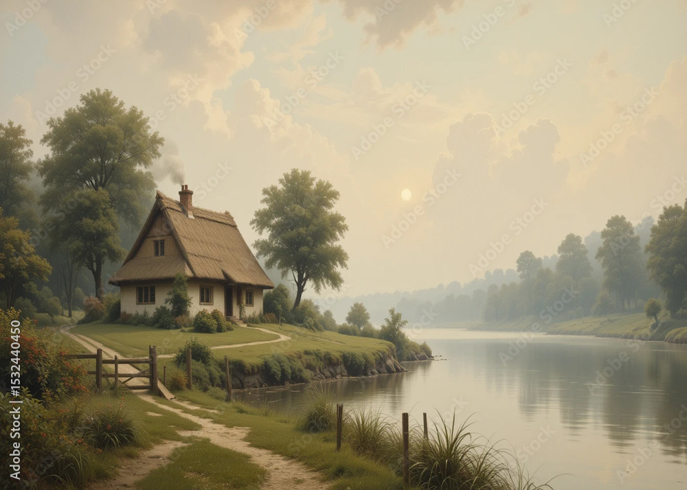Fototapeta premium Thatched cottage by the river at dawn