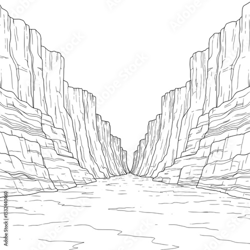 Deep canyon view with towering cliff walls, stark black and white landscape illustration