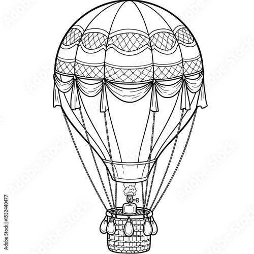 Black and white line art of a vintage style air balloon with netting and draping details