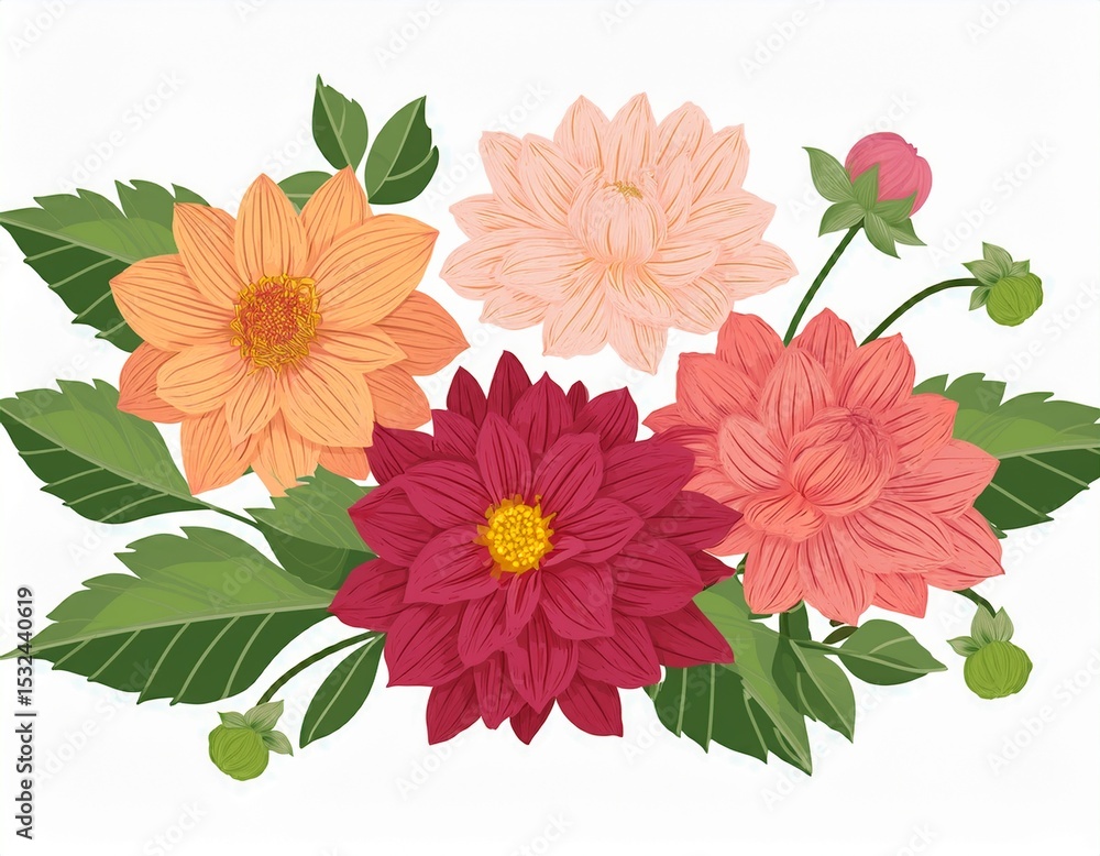 Obraz premium flower blossoms garden plant branch with leaf beautiful dahlias blooms stems and leaves spring buds and foliage floral botanical flat illustration isolated on white background