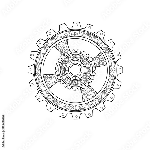 Complex gear illustration Two gears of different sizes nested with ornate decorations