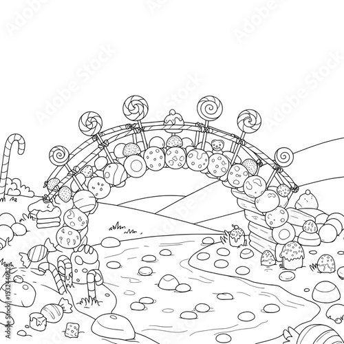 Fantasy bridge made of lollipops and candies on a grass field in a black and white line art style