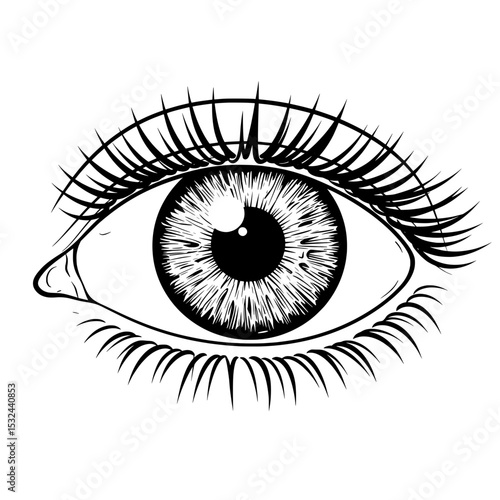 Stylized eye graphic with dense lashes, iris detail, and teardrop line-art on white