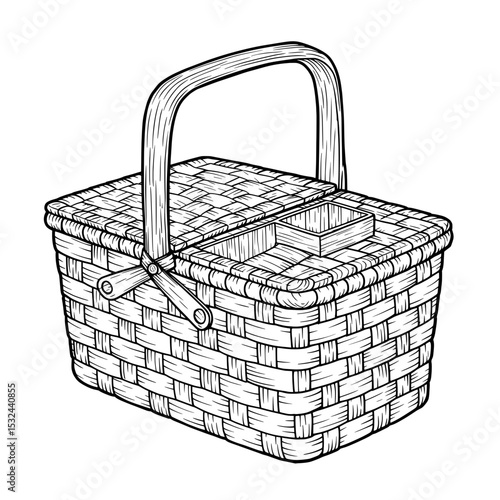Wicker picnic basket, woven pattern, top side opening. Open compartment in the basket, carrying handle