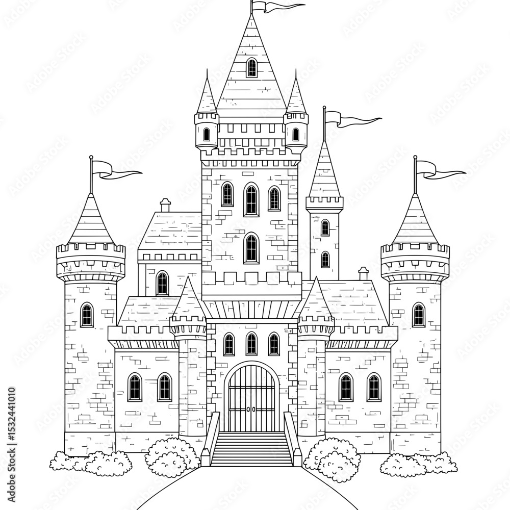 Fototapeta premium Outlined illustration of a castle, featuring many towers and banners on a white background