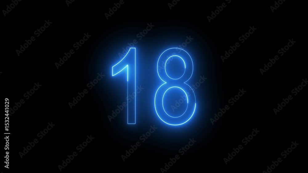Abstract Glowing Neon Text 18 Number Countdown Icon. Glowing Blue Neon Countdown Timer Number Video 4K Animation. Abstract Glowing Neon Text 18 Number Countdown Icon. Glowing Blue Neon Countdown Timer Number Video 4K Animation.