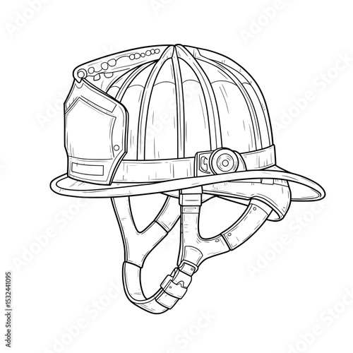 Detailed outline of a firefighter's helmet with brim, face shield, and neck protection