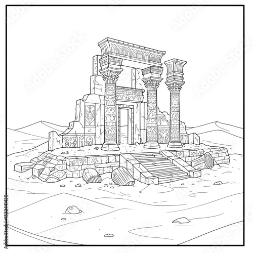 Ruins in the desert featuring columns and arches, with detailed carvings and weathered textures
