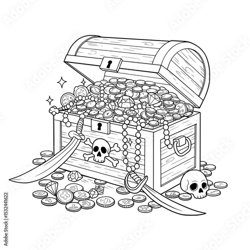 Open treasure chest overflows with gold coins, jewels, a sword, and skull