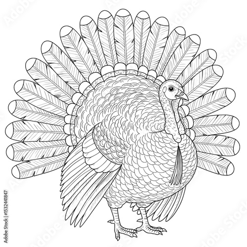 Turkey illustration with detailed feathers suitable for a coloring book page