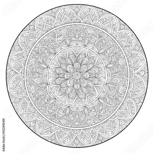 Intricate Pattern A black and white detailed concentric mandala design, ornate elements