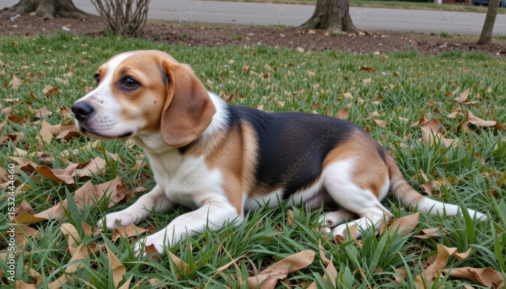 Beagle Dog Relaxing Amongst Fallen Leaves on Lush Green Grass in a Tranquil Outdoor Setting Beagle Dog Relaxing Amongst Fallen Leaves on Lush Green Grass in a Tranquil Outdoor Setting