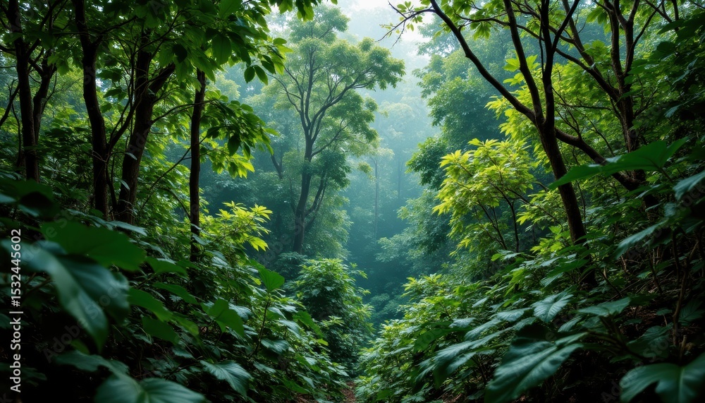 Naklejka premium Lush Green Forest Pathway Surrounded by Tall Trees and Gentle Morning Mist in Nature